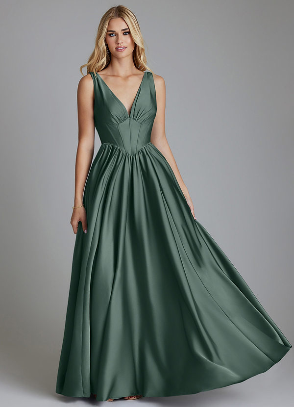 Azazie Delmie Abiti da Damigella Abito A-Line in Raso Elasticizzato Corsetto Muschio Marino image1