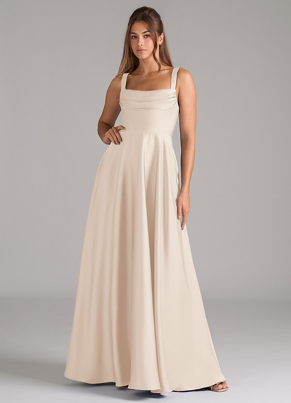 Azazie Shaude Bridesmaid Dresses White Alabaster A-Line Pleated Stretch Satin Dress image1
