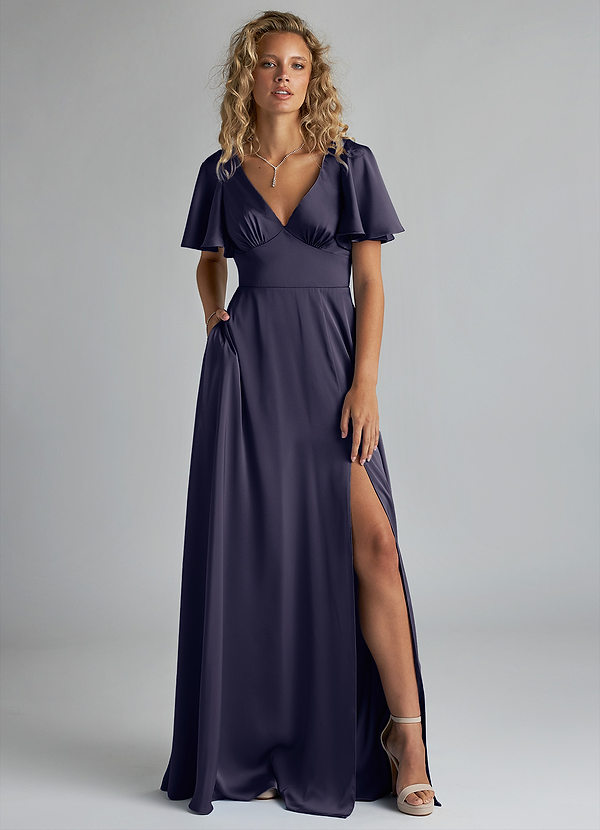 Azazie Kimber Bridesmaid Dresses Stormy A-Line Ruched Stretch Satin Dress image1