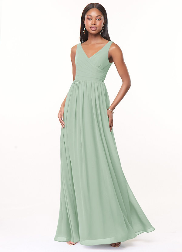 Azazie Keyla Bridesmaid Dresses Agave A-Line V-Neck Pleated Chiffon Dress image1