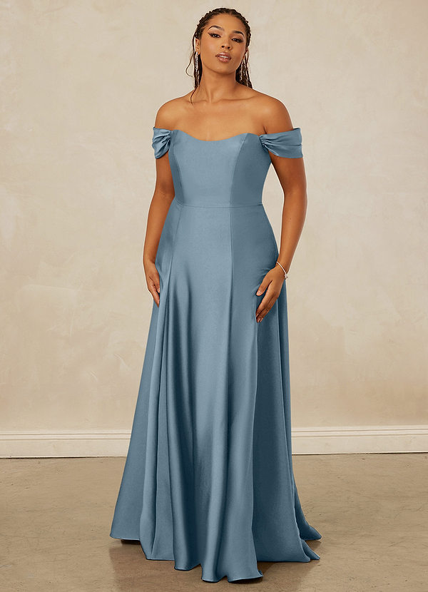 Christian Siriano Bridal for Azazie 1002 Robes Demoiselle d'honneur Robe Trapèze Convertible en Satin extensible Épaule décolletée Bleu Poussiéreux image1