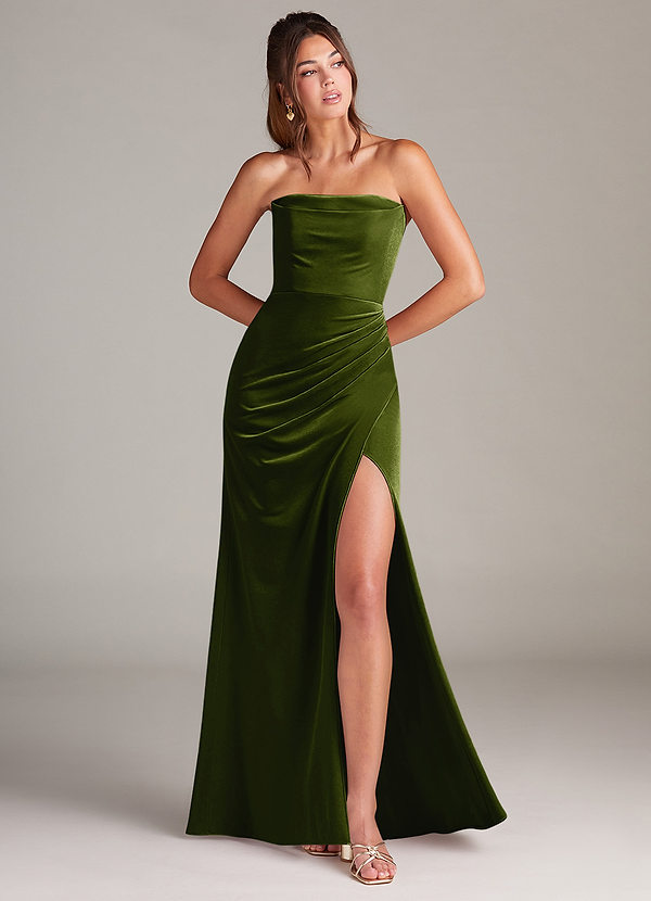 Azazie Leonis Bridesmaid Dresses Olive Mermaid Strapless Velvet Dress image1