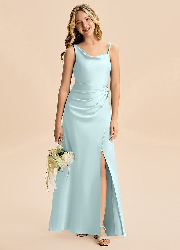 Azazie Abby Junior Sea Glass A-Line Pleated Stretch Satin Dress image1