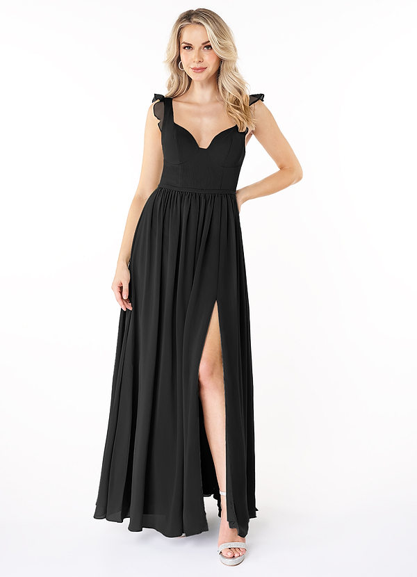 Azazie Stassie Bridesmaid Dresses Black A-Line Sweetheart Ruched Chiffon Dress image1