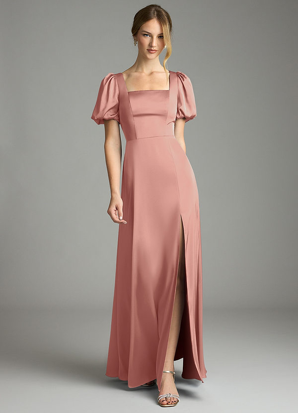Azazie Fyona Bridesmaid Dresses Rosette A-Line Pleated Stretch Satin Dress image1