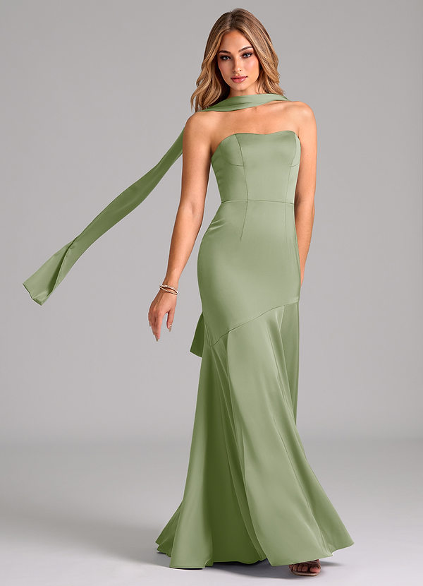 Azazie Shiloh Vestidos Dama de Honor Vestido de Salvia Polvorienta de Satén Elástico de Corte Sirena Convertible con Sin tirantes image1