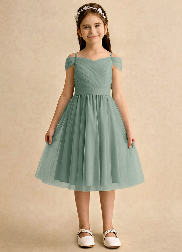 Azazie Lila Girls Formal Flower Girl Dresses Silver Sage A-Line Off the Shoulder Tulle Dress image1