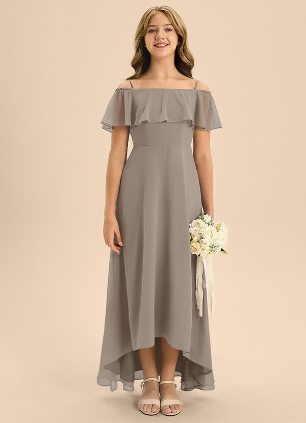 Azazie Maggie Junior Taupe A-Line Off the Shoulder Chiffon Dress image1