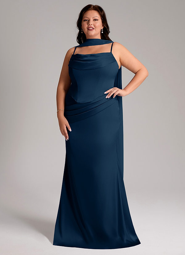 Azazie Sorrel Bruidsmeisjes Jurken Converteerbaar Jurk van Stretch Satijn met Zeemeermin Strapless Donkere Marine image1
