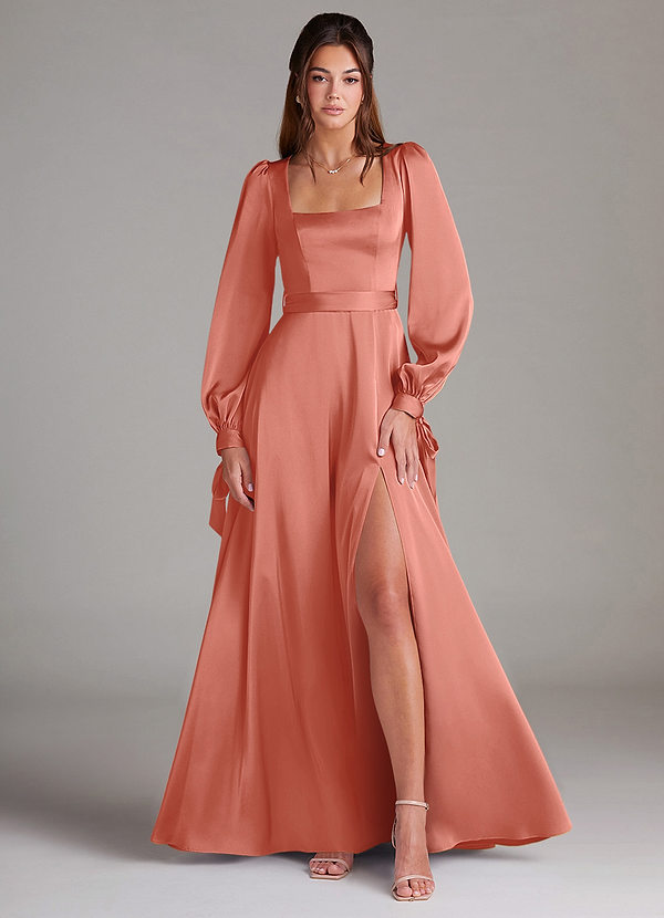 Azazie Leonia Robes Demoiselle d'honneur Robe Trapèze en Satin extensible Manche longue Rose Saumon image1