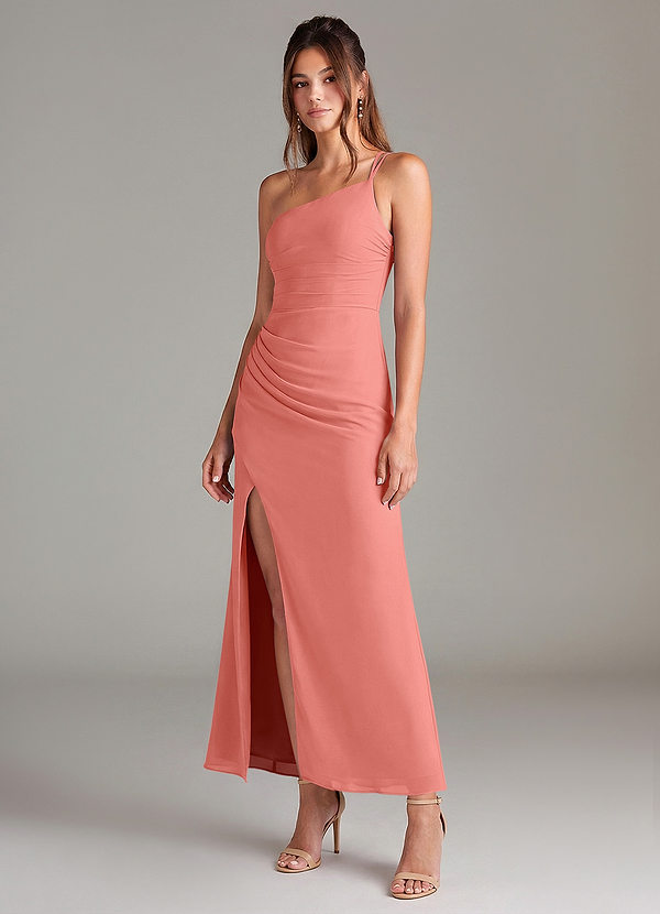 Azazie Eren Robes de demoiselle d'honneur Robe Sirène en Mousseline de soie Asymétrique Rose Saumon image1