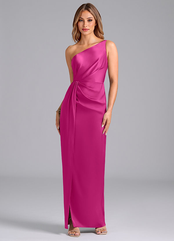 Azazie Naria Vestidos Dama de Honor Vestido de Fucsia de Satén Elástico de Corte Recto con Hombro unilateral image1