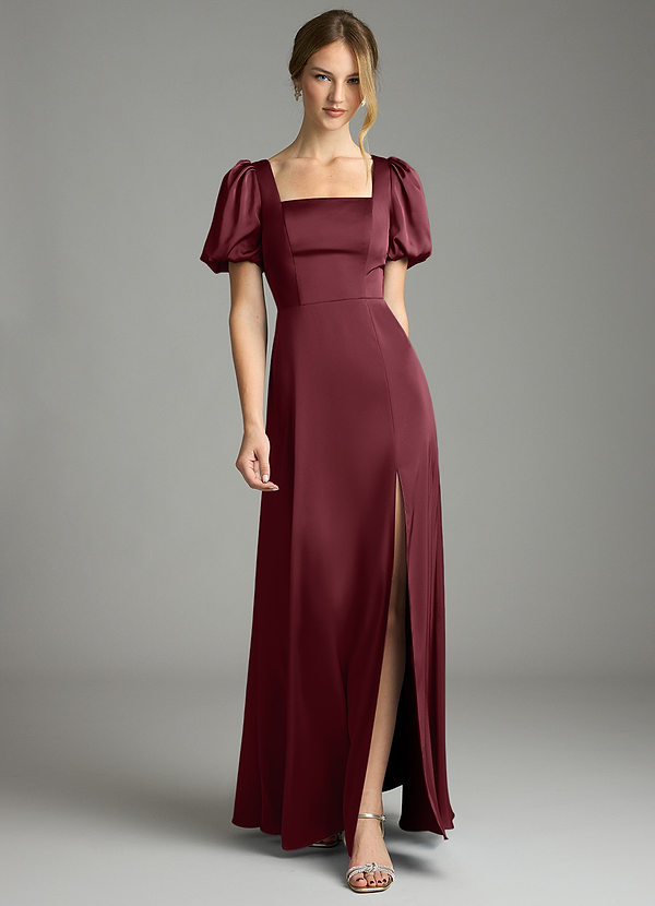 Azazie Fyona Bridesmaid Dresses Cabernet A-Line Pleated Stretch Satin Dress image1