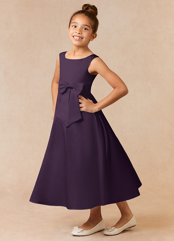 Azazie Lindy Flower Girl Dresses Plum A-Line Pleated Matte Satin Dress image1