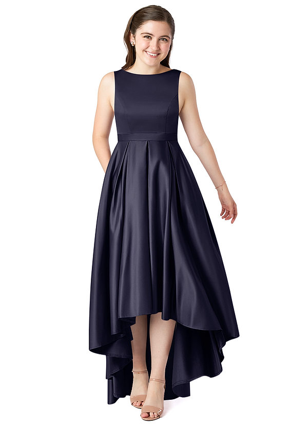 Azazie Inaya Junior Stormy A-Line with Belt Stretch Satin Dress image1