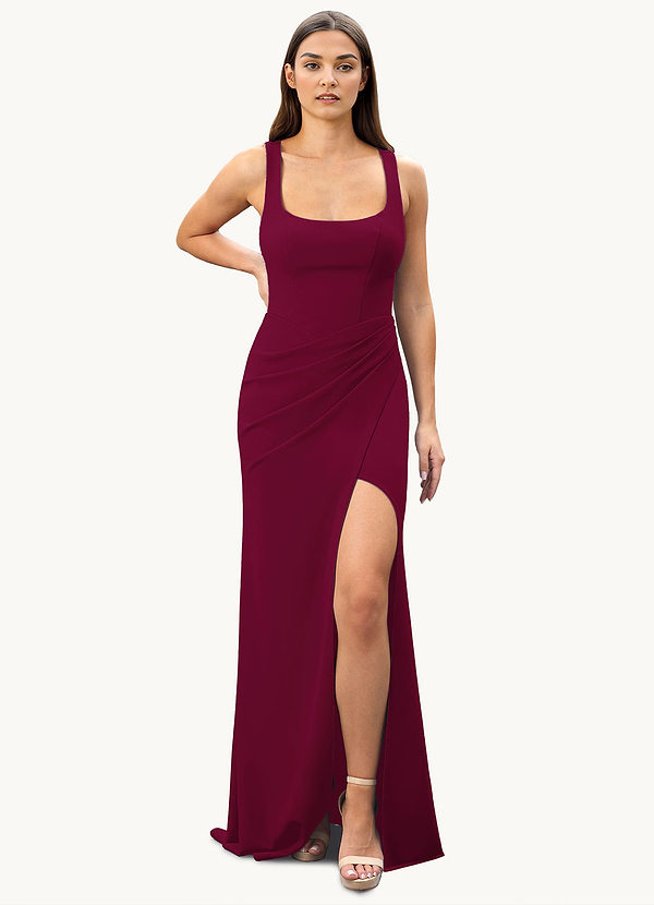 Azazie Mero Bridesmaid Dresses Burgundy Sheath Pleated Stretch Crepe Dress image1