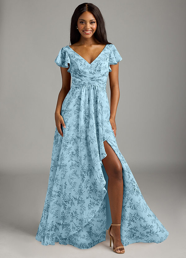 Azazie Omari Bridesmaid Dresses Blue Fern Floral A-Line Chiffon Dress image1