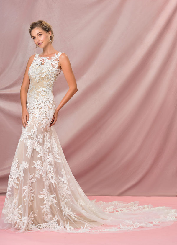 Azazie Judith Abiti da Sposa Abito Sirena in Tulle Lustrini Diamante Bianco Nudo image1