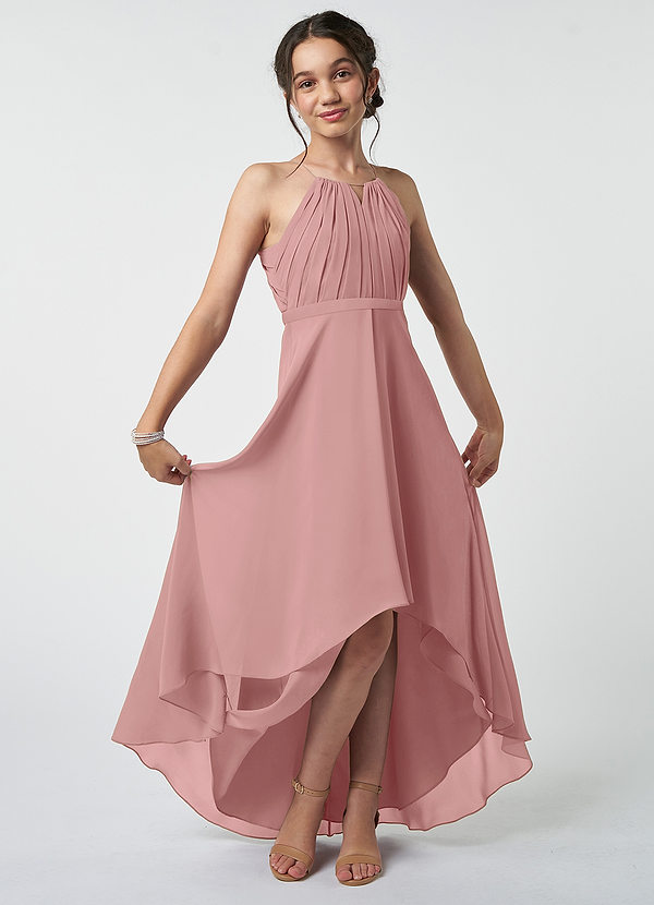 Azazie Oaklynn Junior Robe Trapèze en Mousseline de soie Plissée Rose Poussiéreuse image1