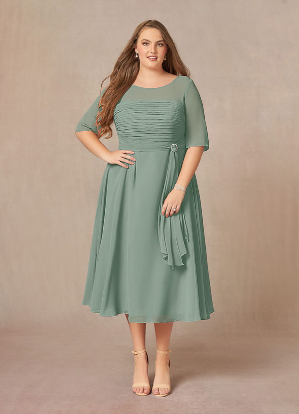 Azazie Naomi Mother of the Brides Dresses Silver Sage A-Line Boatneck Pleated Chiffon Dress image1