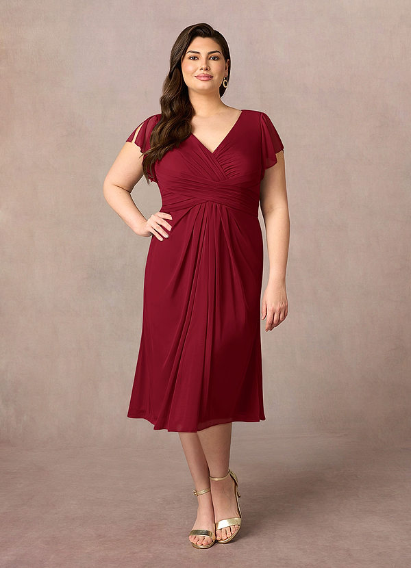 Azazie Vera Mother of the Brides Dresses Burgundy A-Line V-Neck Pleated Mesh Dress image1