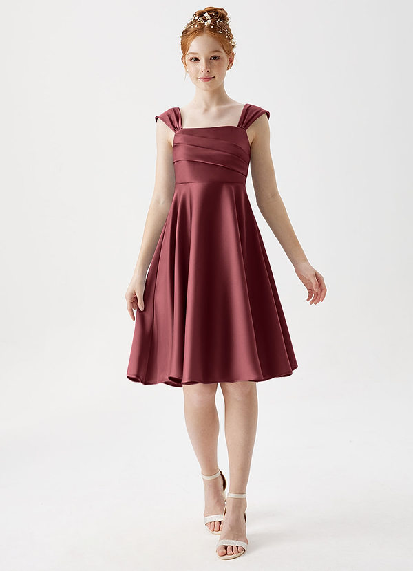 Azazie Amira Junior Merlot A-Line Pleated Stretch Satin Dress image1