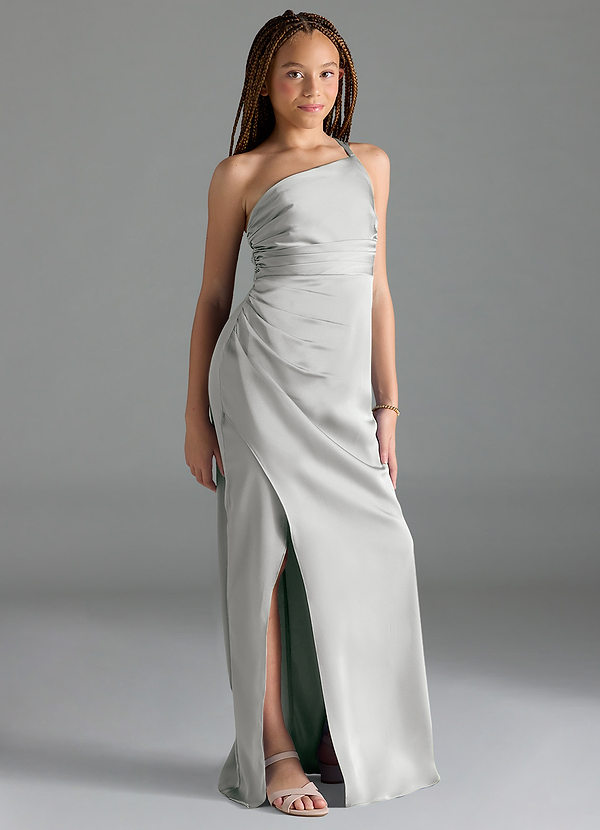 Azazie Eren Junior Silver Sheath Pleated Stretch Satin Dress image1