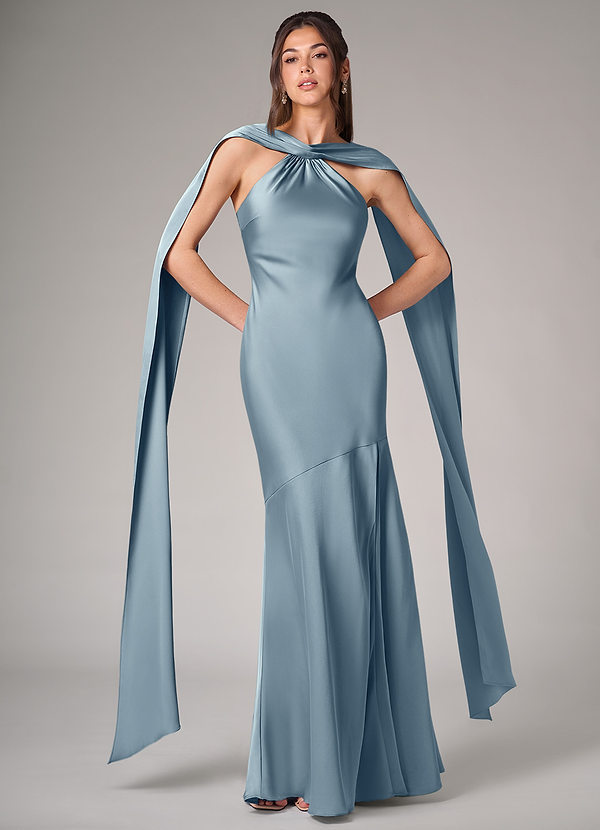 Azazie Kinsley Bridesmaid Dresses Dusty Blue Mermaid Side Slit Stretch Satin Dress image1