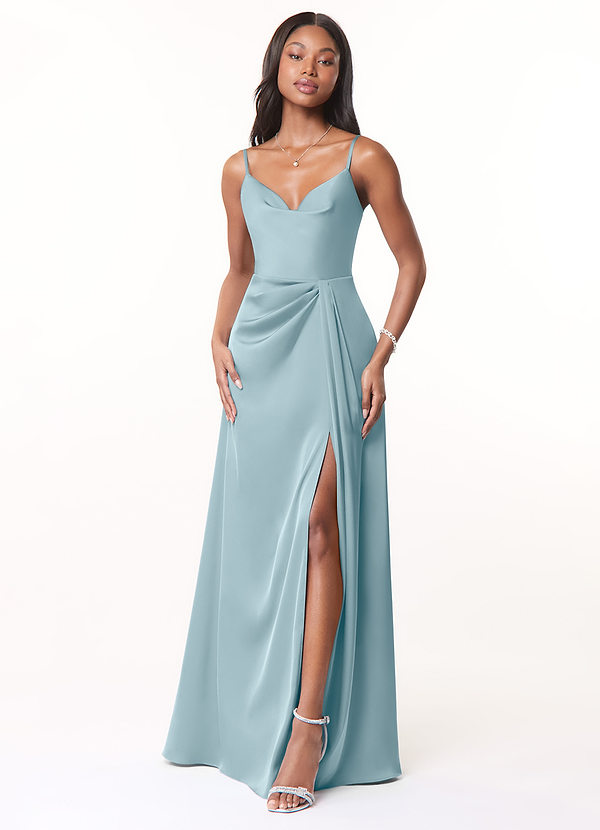 Azazie Brielle Suknie dla druhen Linia A Pofałdowany Satyna elastyczna Do ziemi Sukienka image1