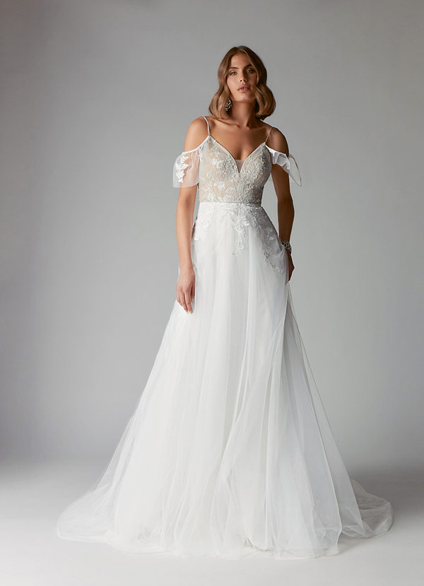 Azazie Iva Wedding Dresses A-Line V-Neck Sequins Tulle Chapel Train Dress image1
