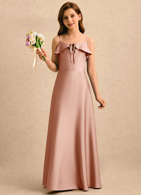 Azazie Kapri Girls Formal Vestidos de Niña de Flores Vestido de Oro Rosa de Satén Elástico de Corte en A con Volante image1