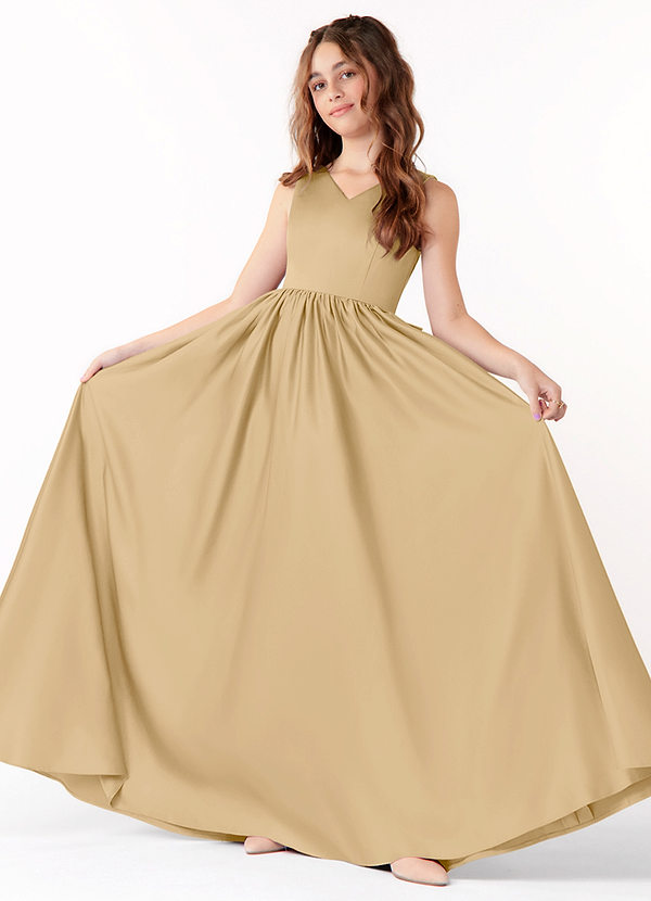 Azazie Hathaway Junior Gold A-Line Bow Matte Satin Dress image1