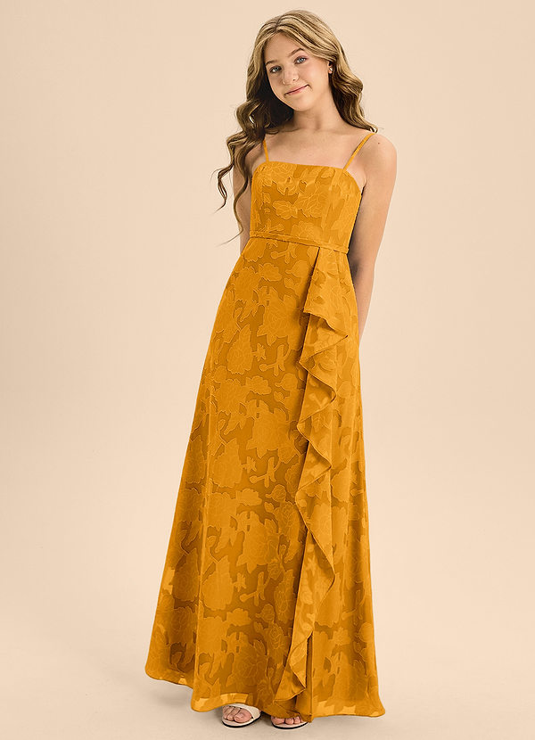 Azazie Kaylee Junior Butterscotch A-Line with Belt Floral Burnout Dress image1