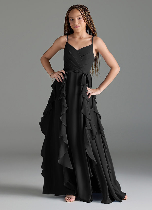 Azazie Peyton Junior Black A-Line V-Neck Cascading Ruffles Chiffon Dress image1