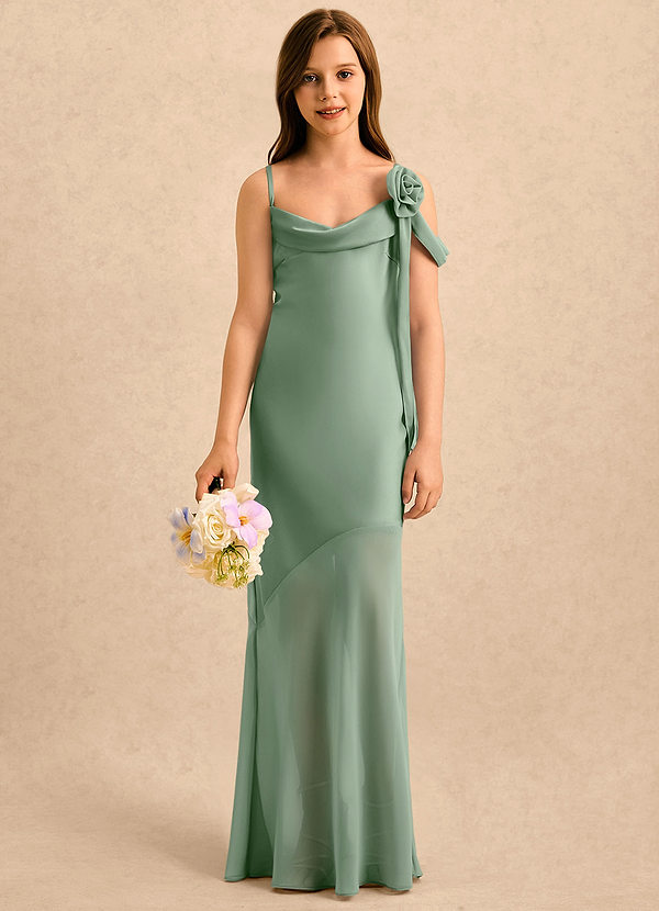 Azazie Kai Girls Formal Sukienki dla dziewczynek sypiących kwiaty Osłona Pofałdowany Satyna elastyczna Długość podłogi Sukienka image1
