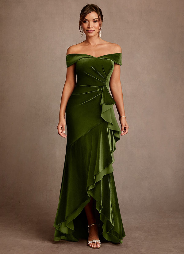 Azazie Billings Mother of the Brides Dresses Olive Mermaid Off the Shoulder Velvet Dress image1