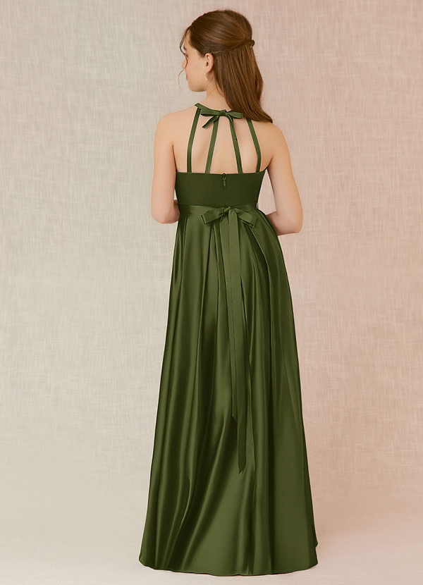 Azazie Arianthe Junior Vestido de Oliva de Satén Elástico de Corte En A con Con bolsillos image1