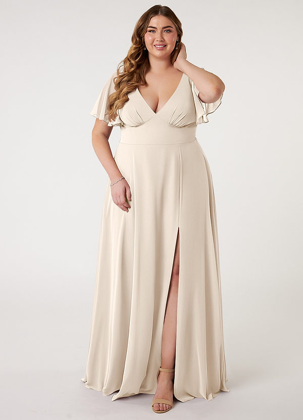 Azazie Kimber Bridesmaid Dresses White Alabaster A-Line Flounce Sleeve Chiffon Dress image1