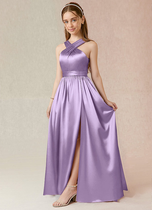 Azazie Jiya Junior Lilac A-Line Pleated Metallic Satin Dress image1