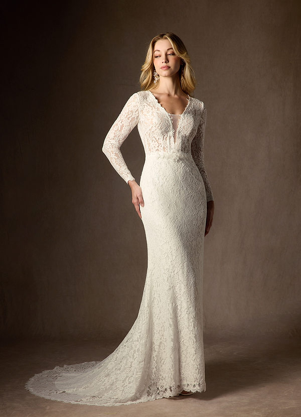 Azazie Indie Robe de Mariée Robe Fourreau en Tulle Col en V Crème image1