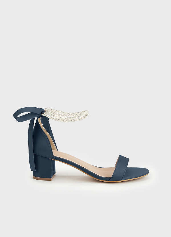 front Matching Color Matte Satin Pearl and Bow Open Toe Chunky Heel Sandals