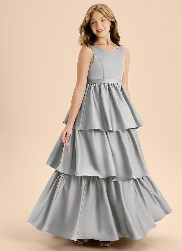 Azazie Meadowyn Junior Vestido de Plata de Satén Elástico de Corte En A con Lazo image1
