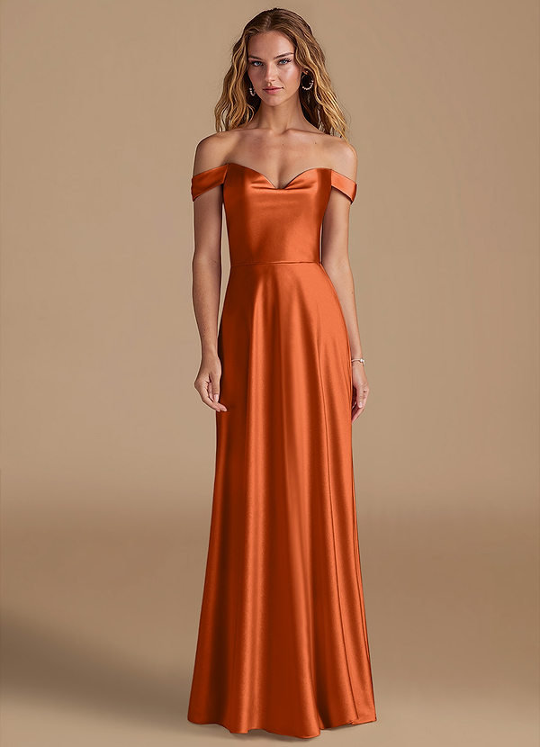 Azazie Jackalin Bridesmaid Dresses Burnt Orange A-Line Off the Shoulder Metallic Satin Convertible Dress image1