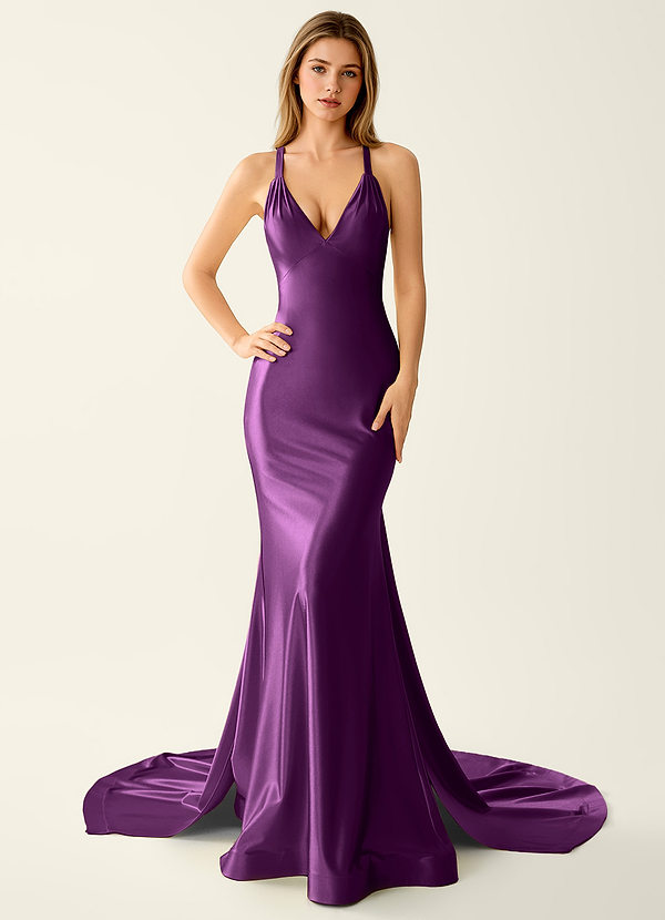 Leonora Winogrono Suknia balowa syrena z rozciągliwego satynowego materiału z odkrytymi plecami image1