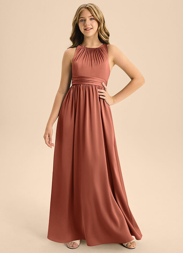 Azazie Jaylah Junior Vestido de Arcilla de Satén Elástico de Corte En A con Plisado image1