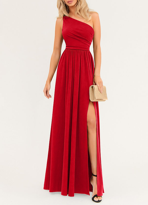 front On The Guest List Red One-Shoulder Maxi Dress
