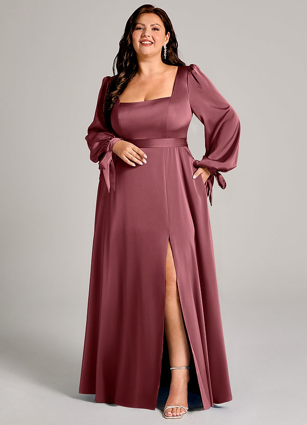 Azazie Leonia Bridesmaid Dresses Desert Rose A-Line Long Sleeve Stretch Satin Dress image1