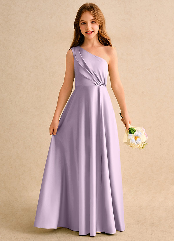 Azazie Puddles Girls Formal Blumenkinder Kleider A-Linie One-Shoulder Matte Satin Kleid Frostiges Flieder image1