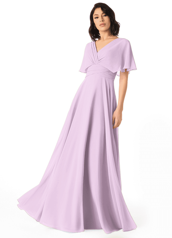 Azazie Pamela Bridesmaid Dresses Frosted Lilac A-Line V-Neck Pleated Chiffon Dress image1