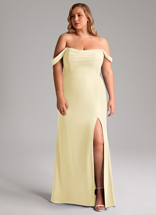 Azazie Saige Robes de demoiselle d'honneur Robe Trapèze Convertible en Mousseline de soie Épaule décolletée Sorbet Citron image1